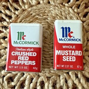 Vintage McCormick Spice Tins– Mustard Seed & Crushed Red Pepper –1979–1980 Retro